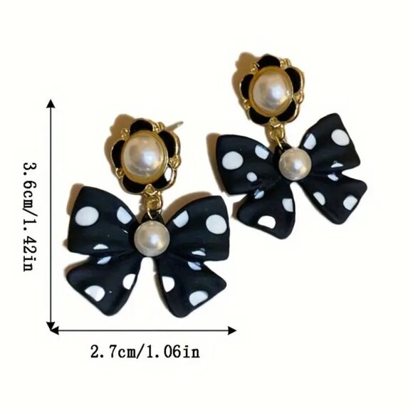 Chic Black and White Polka Dot Bow Earrings - Picture 3 of 5